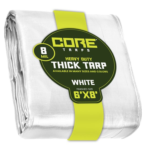 Core Tarps 8 ft L x 0.5 mm H x 6 ft W Heavy Duty 8 Mil Tarp, White, Polyethylene CT-404-6X8